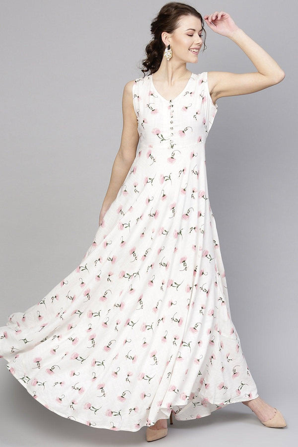 Women's White Floral Sleeveless Flared Maxi - SASSAFRAS - Indiakreations