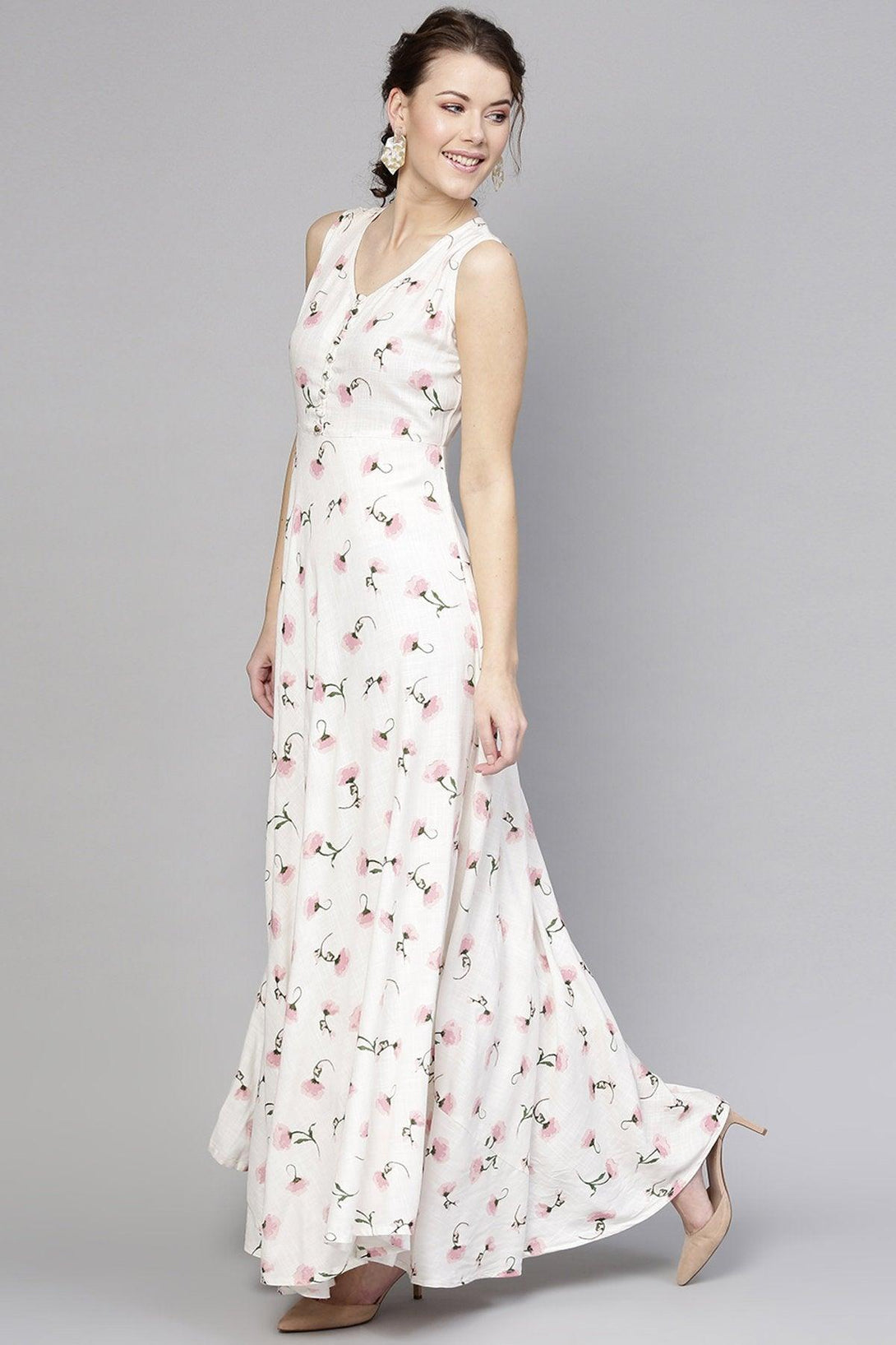 Women's White Floral Sleeveless Flared Maxi - SASSAFRAS - Indiakreations