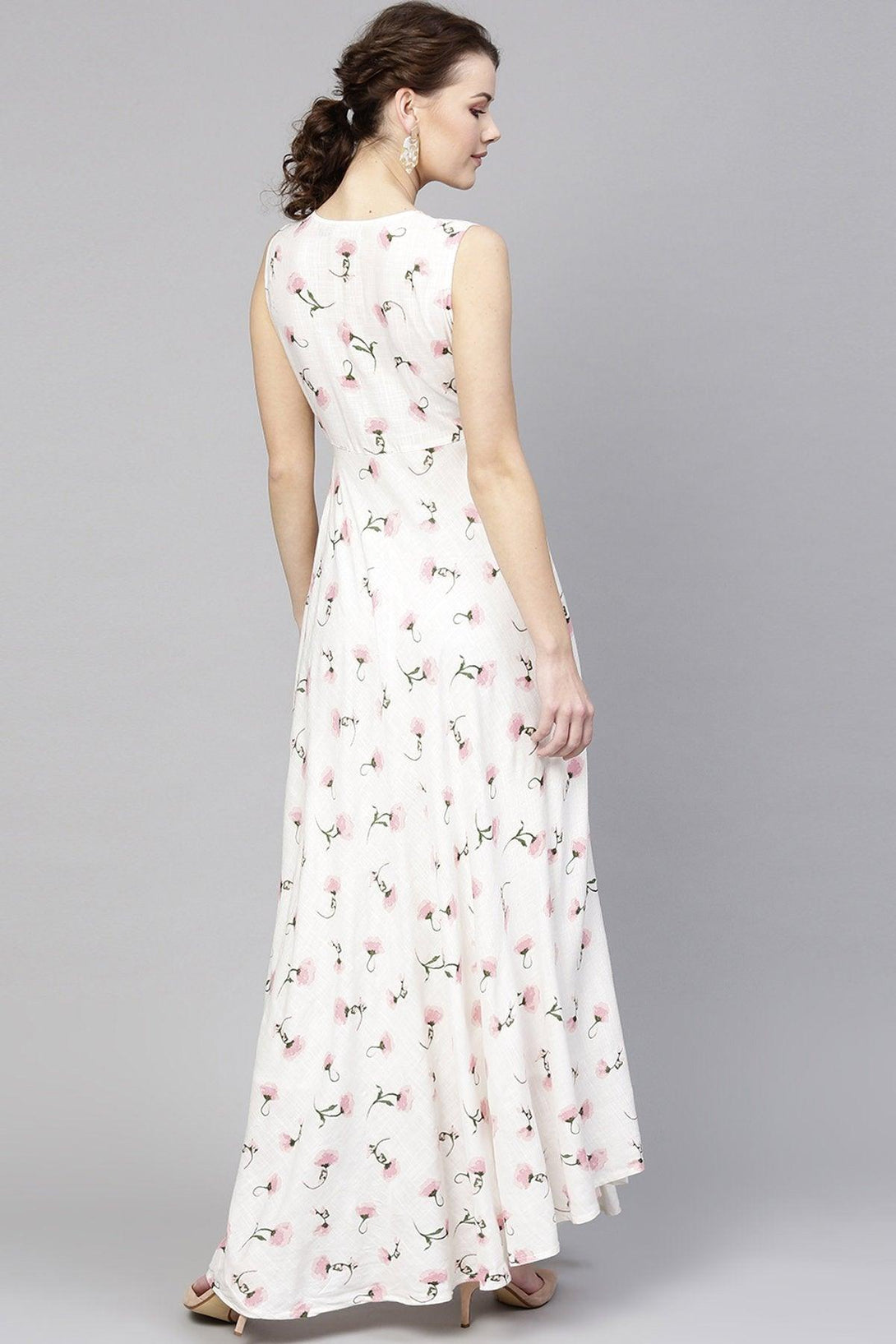 Women's White Floral Sleeveless Flared Maxi - SASSAFRAS - Indiakreations