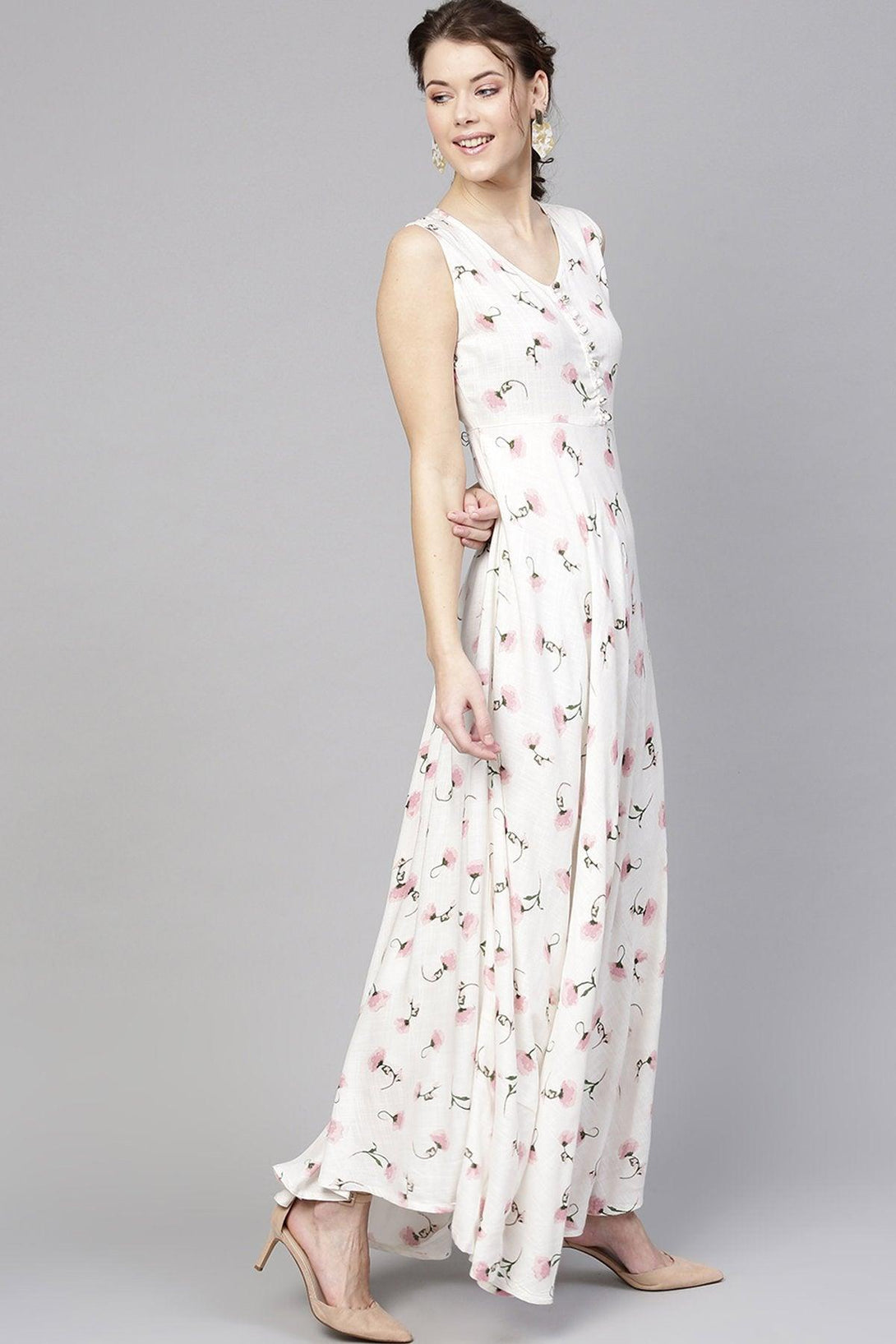 Women's White Floral Sleeveless Flared Maxi - SASSAFRAS - Indiakreations