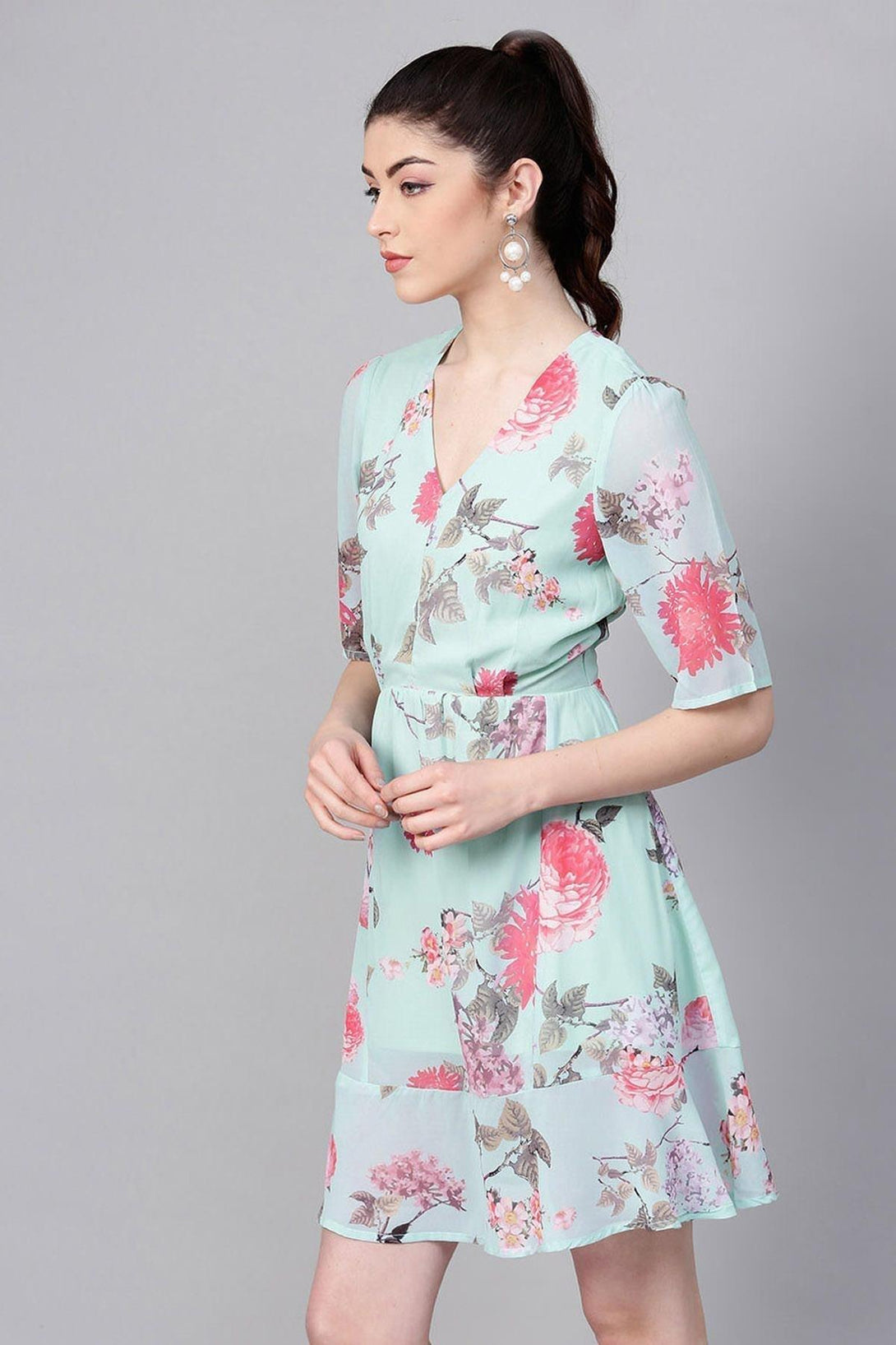 Women's Aqua Floral Frill Hem Skater Dress - SASSAFRAS - Indiakreations