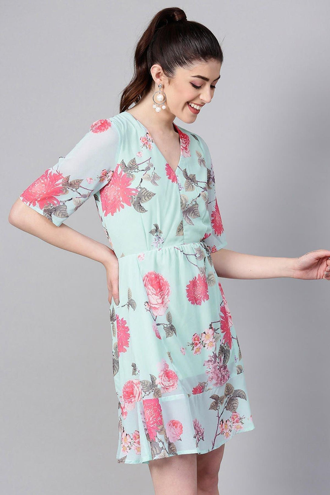 Women's Aqua Floral Frill Hem Skater Dress - SASSAFRAS - Indiakreations