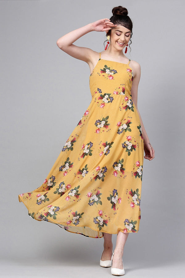 Women's Mustard Floral Strappy Flared Maxi - SASSAFRAS