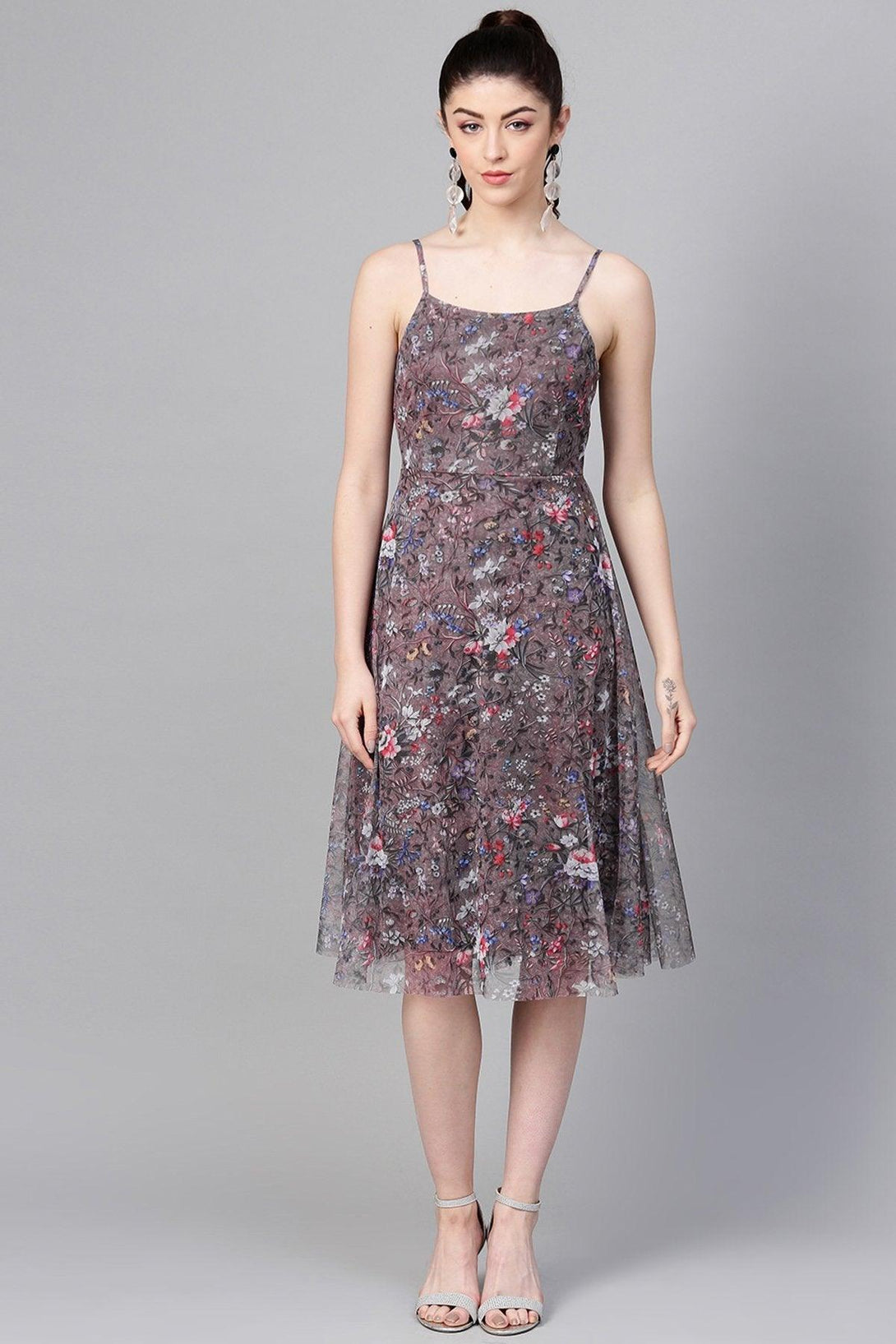 Women's Brown Mesh Floral Strappy Midi - SASSAFRAS - Indiakreations