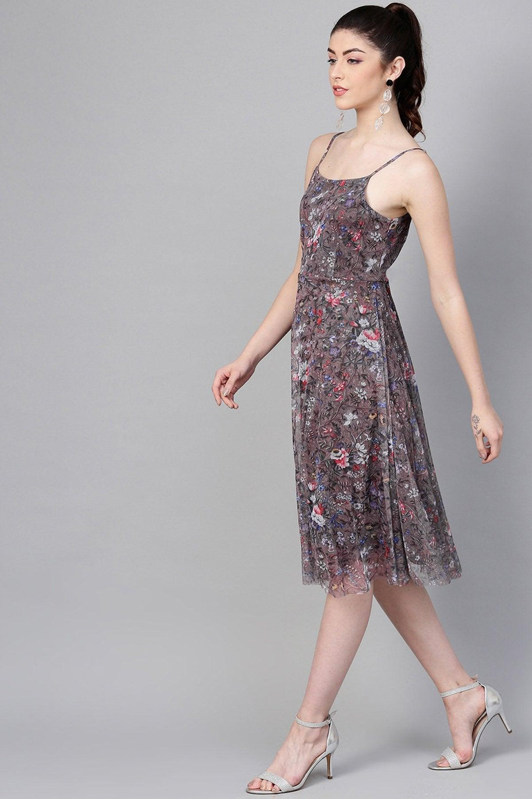 Women's Brown Mesh Floral Strappy Midi - SASSAFRAS - Indiakreations