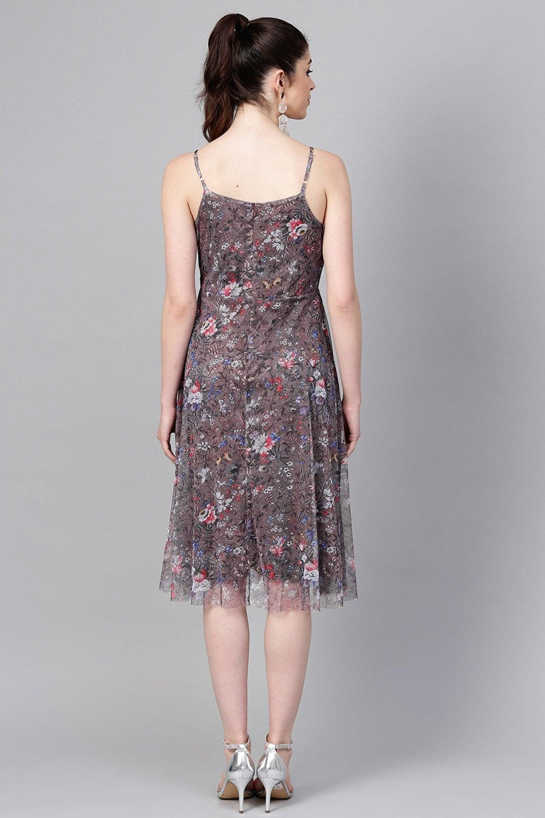 Women's Brown Mesh Floral Strappy Midi - SASSAFRAS - Indiakreations