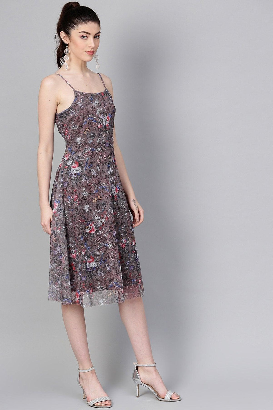 Women's Brown Mesh Floral Strappy Midi - SASSAFRAS - Indiakreations