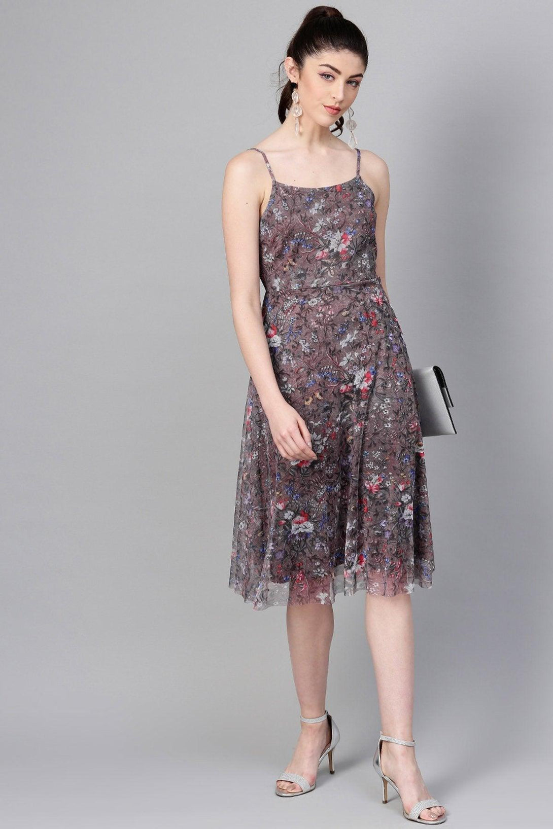 Women's Brown Mesh Floral Strappy Midi - SASSAFRAS - Indiakreations