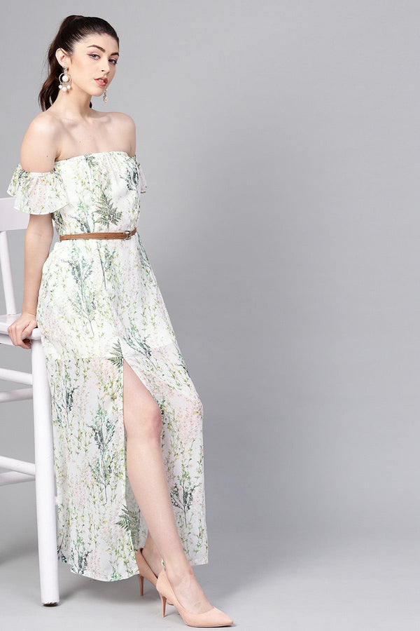 Women's Off-White Floral Off Shoulder Belted Maxi - SASSAFRAS