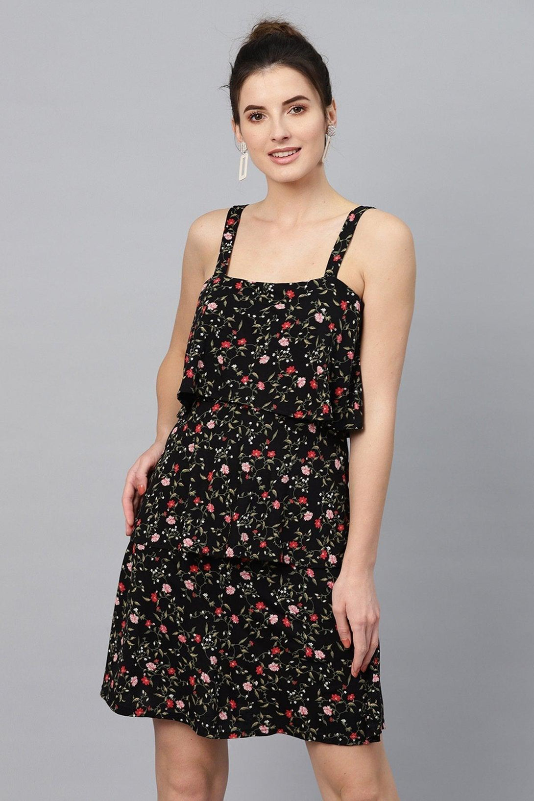 Women's Black Floral Strappy Tiered Dress - SASSAFRAS - Indiakreations