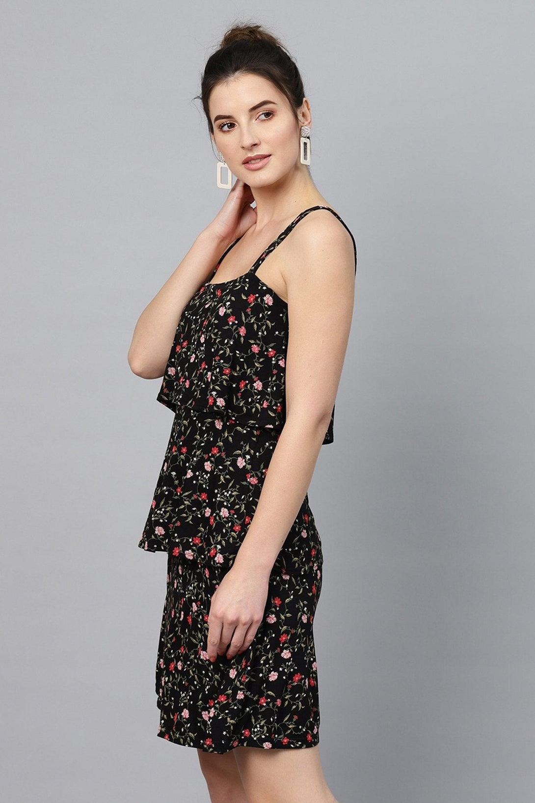 Women's Black Floral Strappy Tiered Dress - SASSAFRAS - Indiakreations