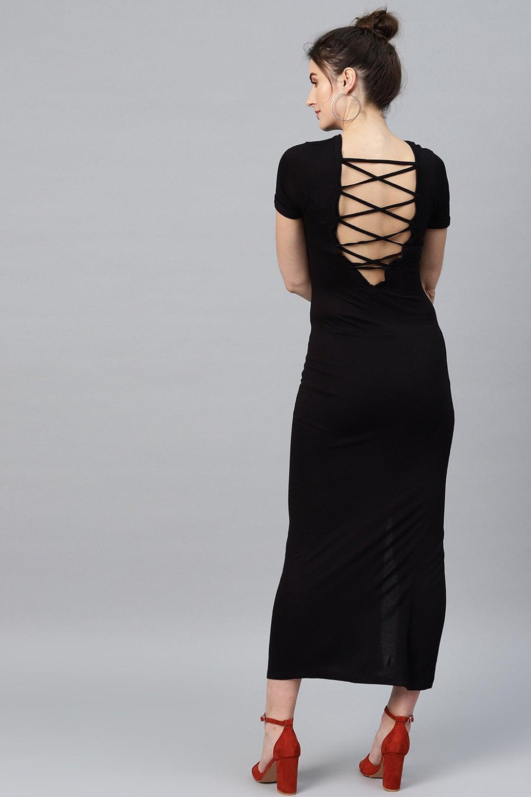 Women's Black Back Criss Cross Neck Maxi - SASSAFRAS - Indiakreations