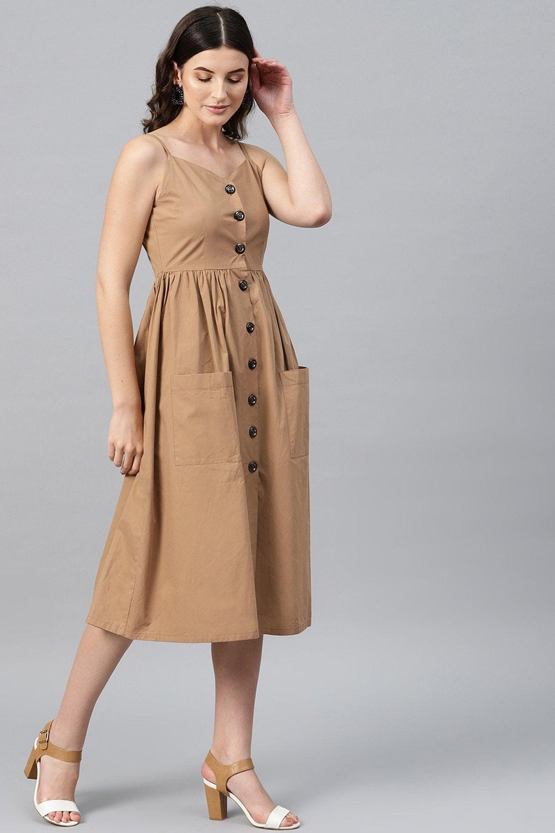 Women's Brown Front Open Strappy Dress - SASSAFRAS - Indiakreations