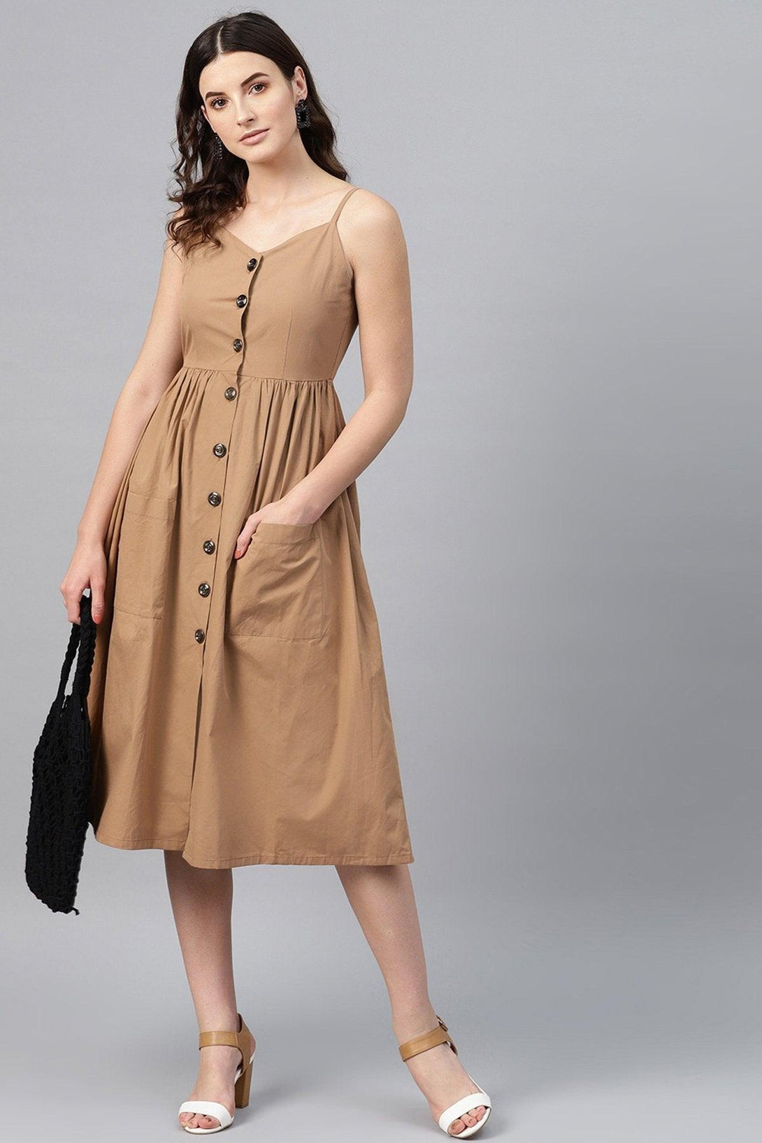 Women's Brown Front Open Strappy Dress - SASSAFRAS - Indiakreations