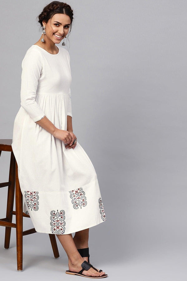 Women's White Bird Print Gathered Midi - SASSAFRAS - Indiakreations