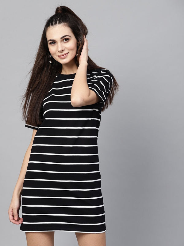 Women's Black White Stripe Shift Dress - SASSAFRAS