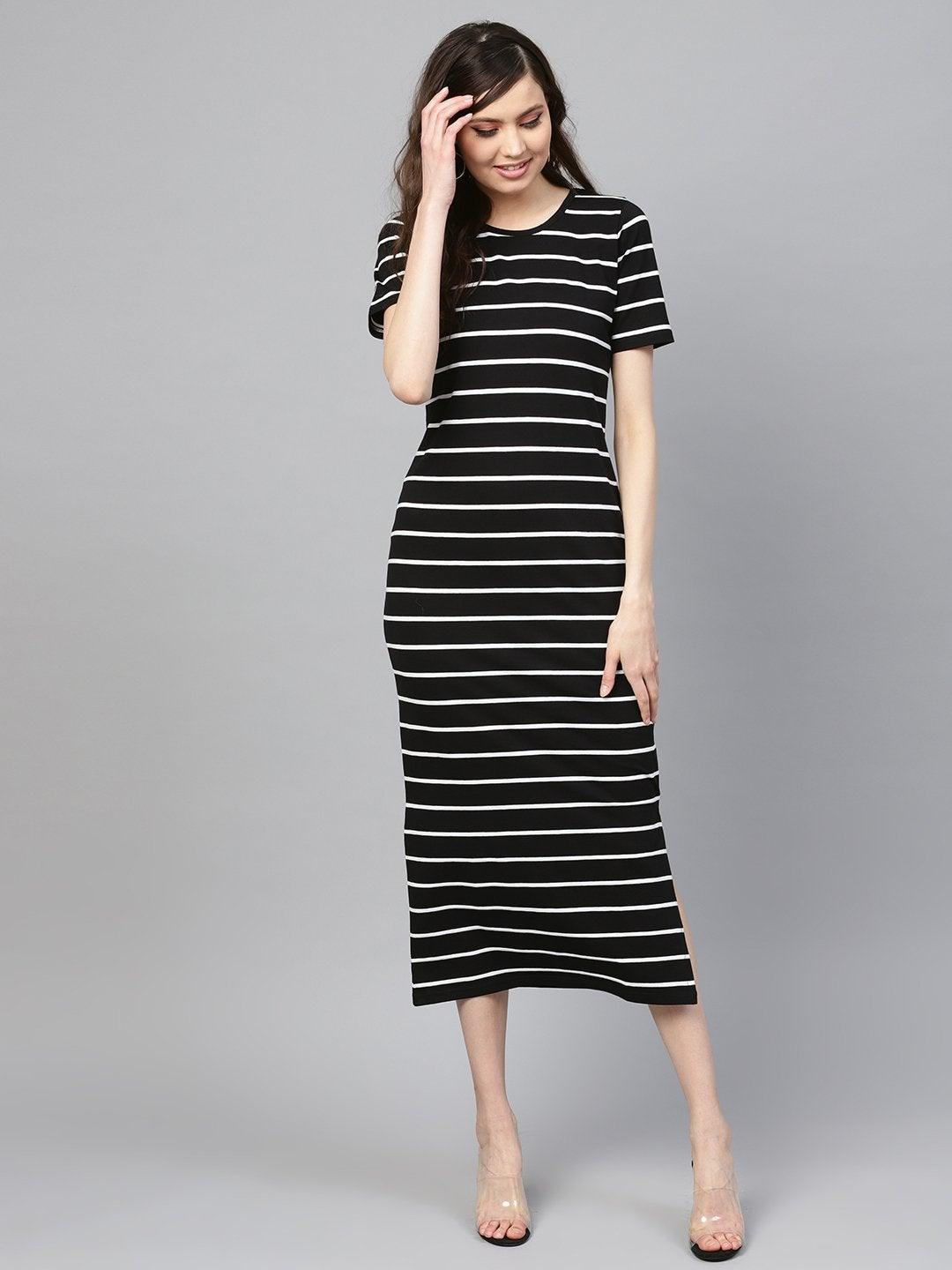 Women's Black White Stripe Maxi - SASSAFRAS - Indiakreations