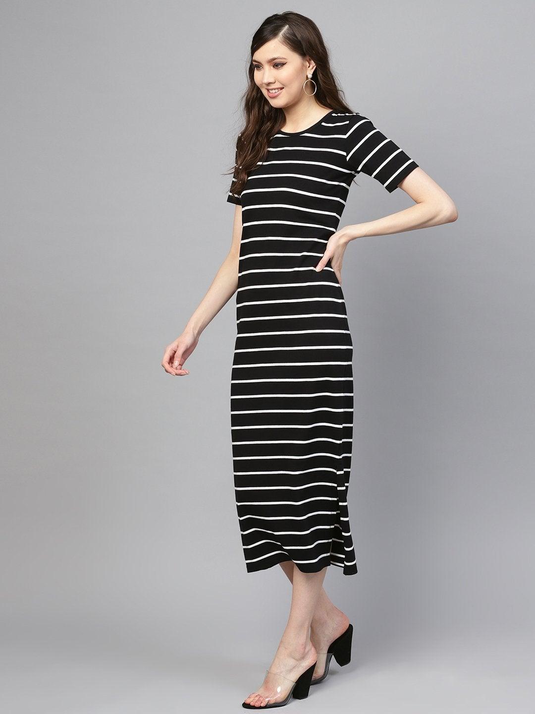 Women's Black White Stripe Maxi - SASSAFRAS - Indiakreations