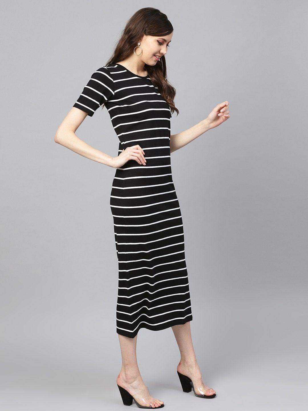 Women's Black White Stripe Maxi - SASSAFRAS - Indiakreations