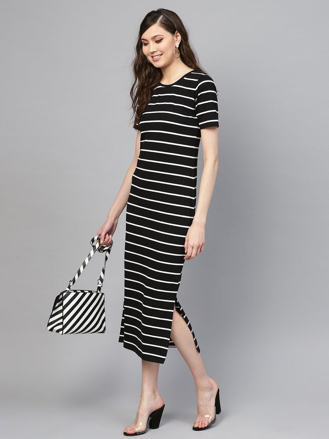 Women's Black White Stripe Maxi - SASSAFRAS - Indiakreations