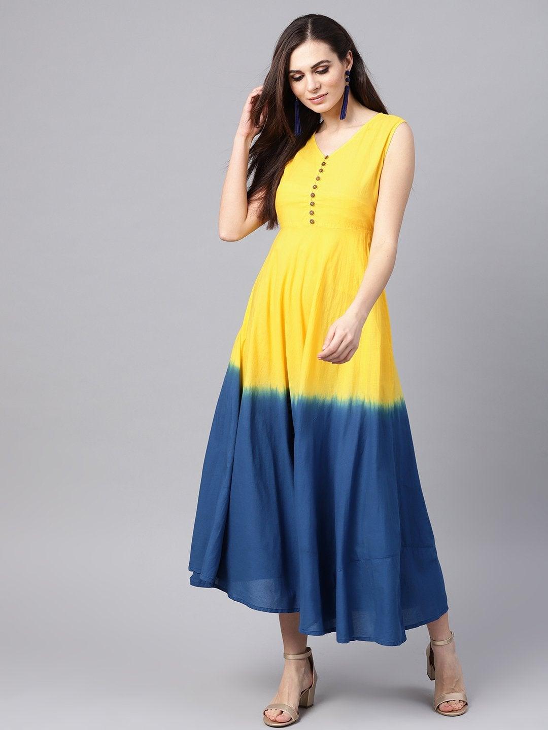 Women's Yellow & Navy Ombre Flared Maxi - SASSAFRAS - Indiakreations