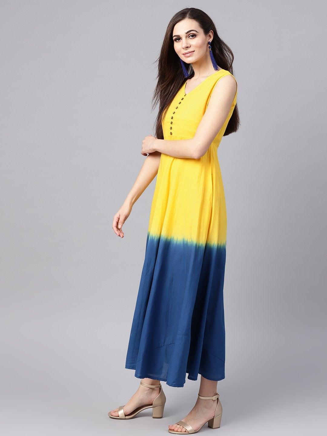 Women's Yellow & Navy Ombre Flared Maxi - SASSAFRAS - Indiakreations