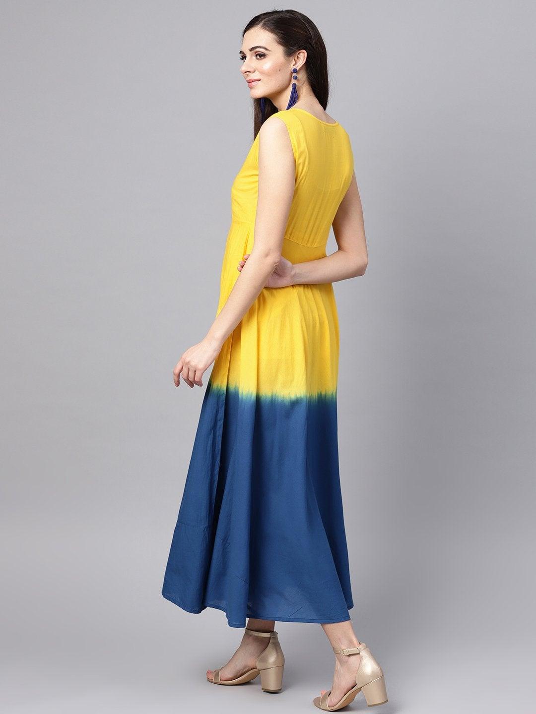 Women's Yellow & Navy Ombre Flared Maxi - SASSAFRAS - Indiakreations