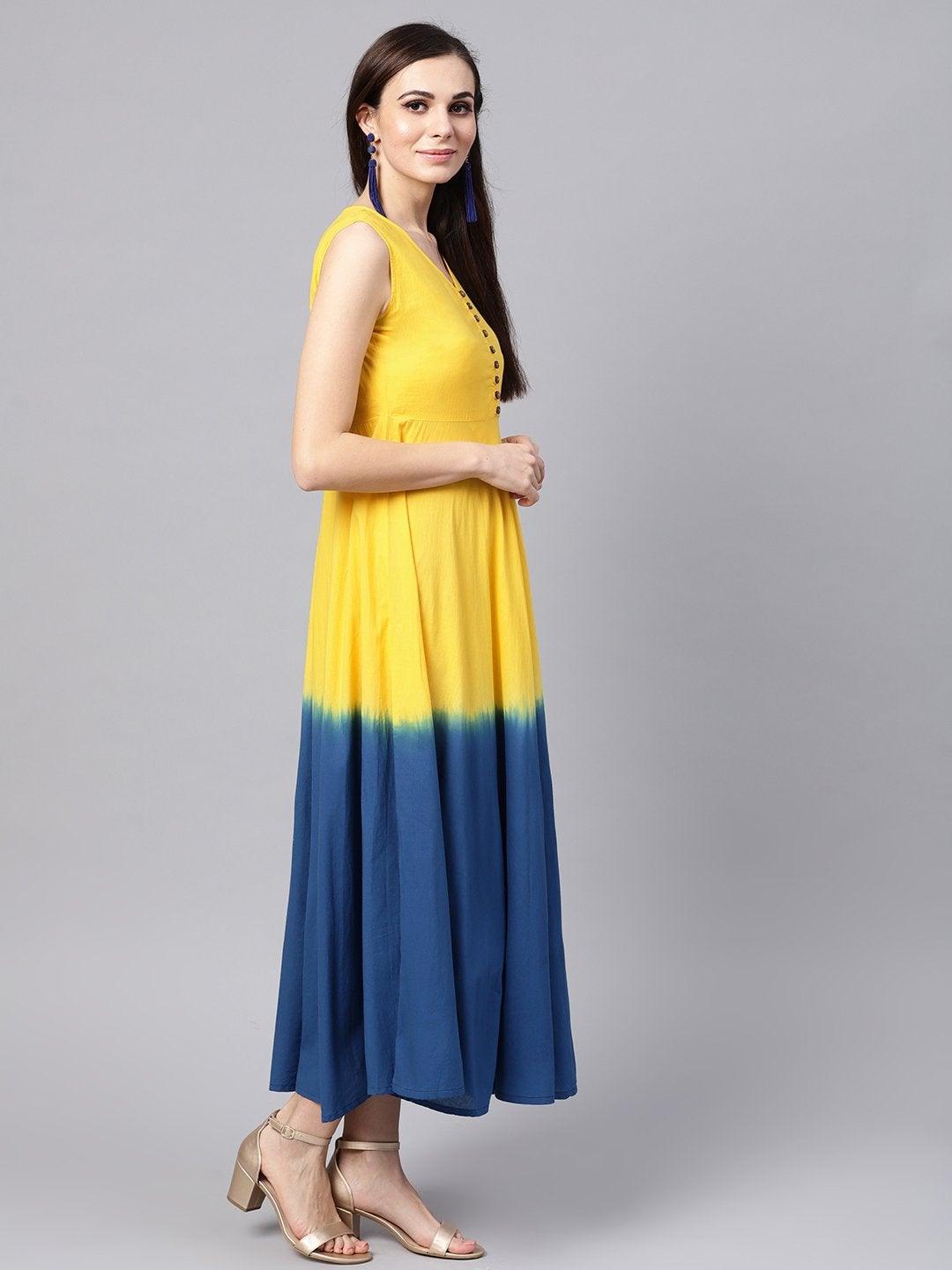 Women's Yellow & Navy Ombre Flared Maxi - SASSAFRAS - Indiakreations