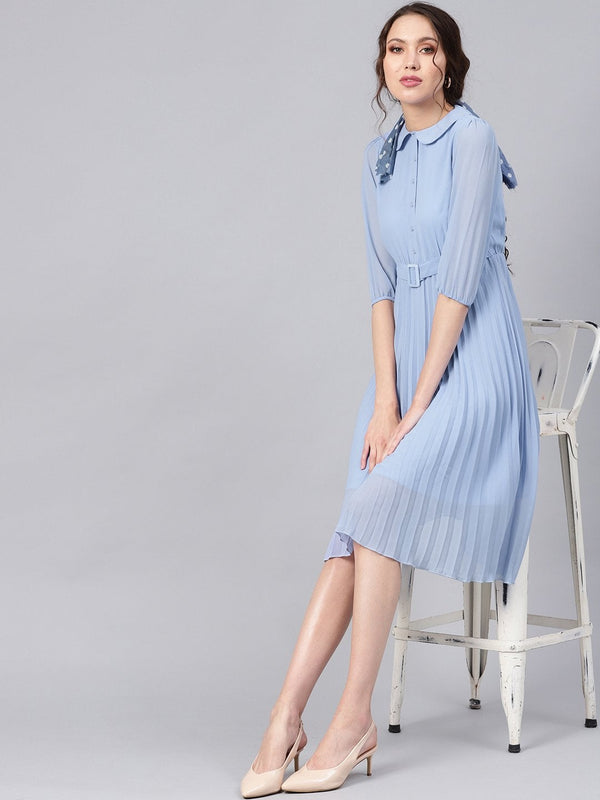 Women's Blue Peterpan Pleated Belted Midi Dress - SASSAFRAS