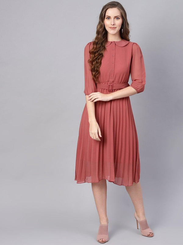 Women's Rose Pink Peterpan Belted Pleated Midi Dress - SASSAFRAS - Indiakreations