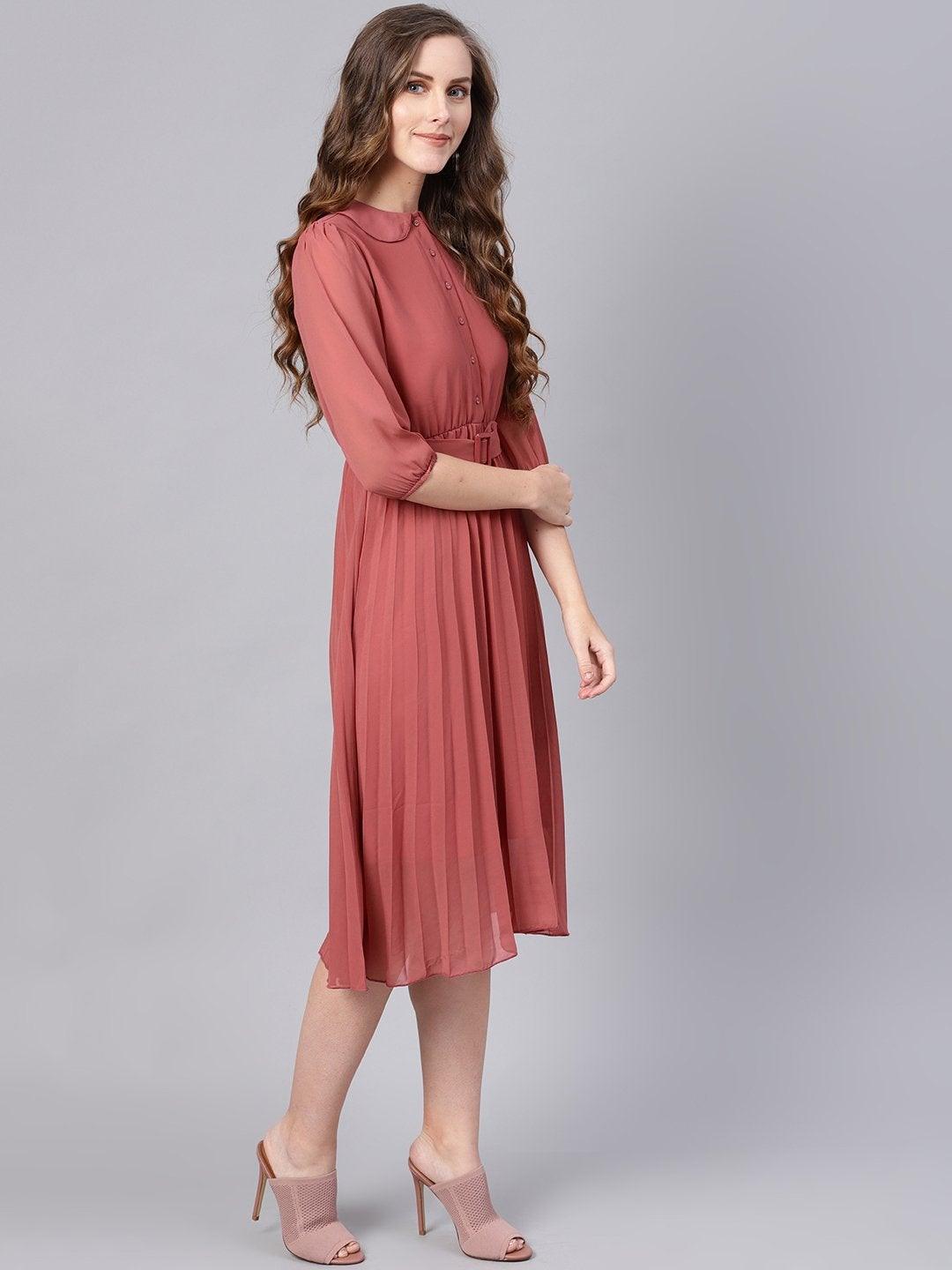 Women's Rose Pink Peterpan Belted Pleated Midi Dress - SASSAFRAS - Indiakreations