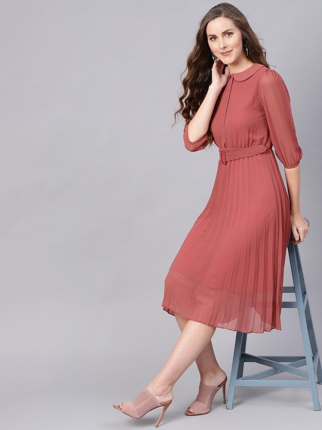 Women's Rose Pink Peterpan Belted Pleated Midi Dress - SASSAFRAS - Indiakreations