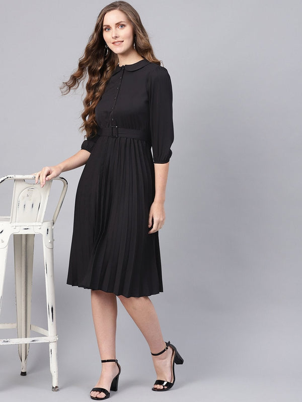 Women's Black Peterpan Belted Pleated Midi Dress - SASSAFRAS