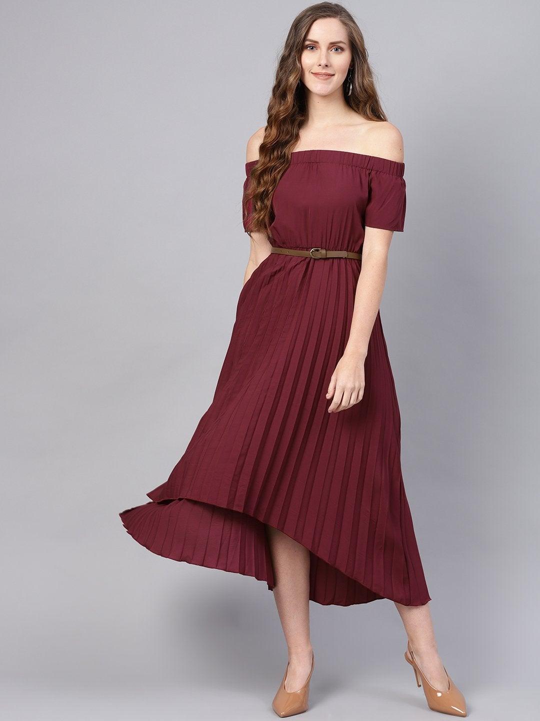 Women's Burgundy Off Shoulder High Low Belted Pleated Dress - SASSAFRAS - Indiakreations