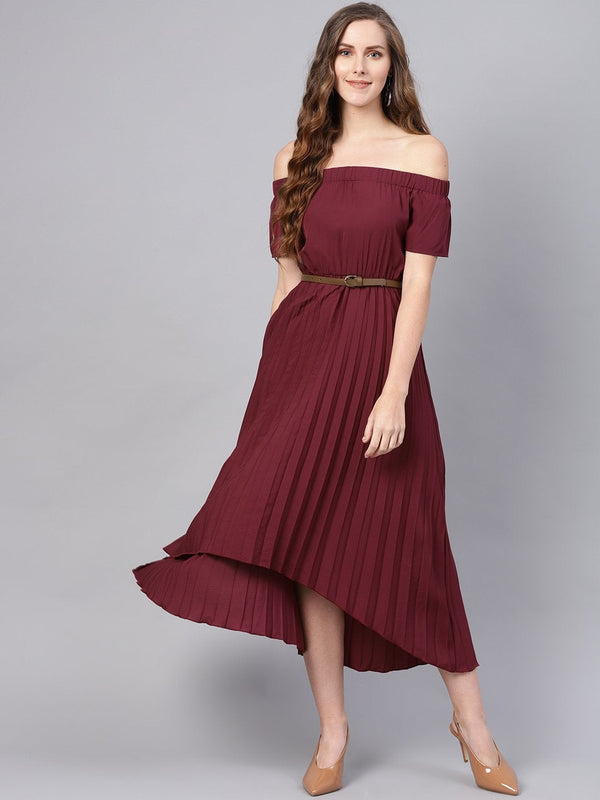 Women's Burgundy Off Shoulder High Low Belted Pleated Dress - SASSAFRAS