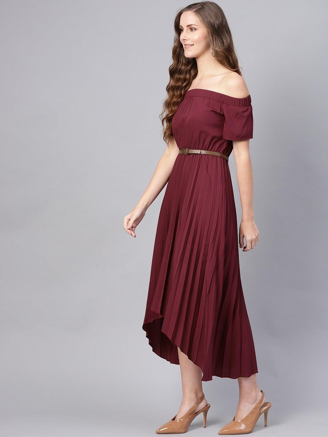 Women's Burgundy Off Shoulder High Low Belted Pleated Dress - SASSAFRAS - Indiakreations