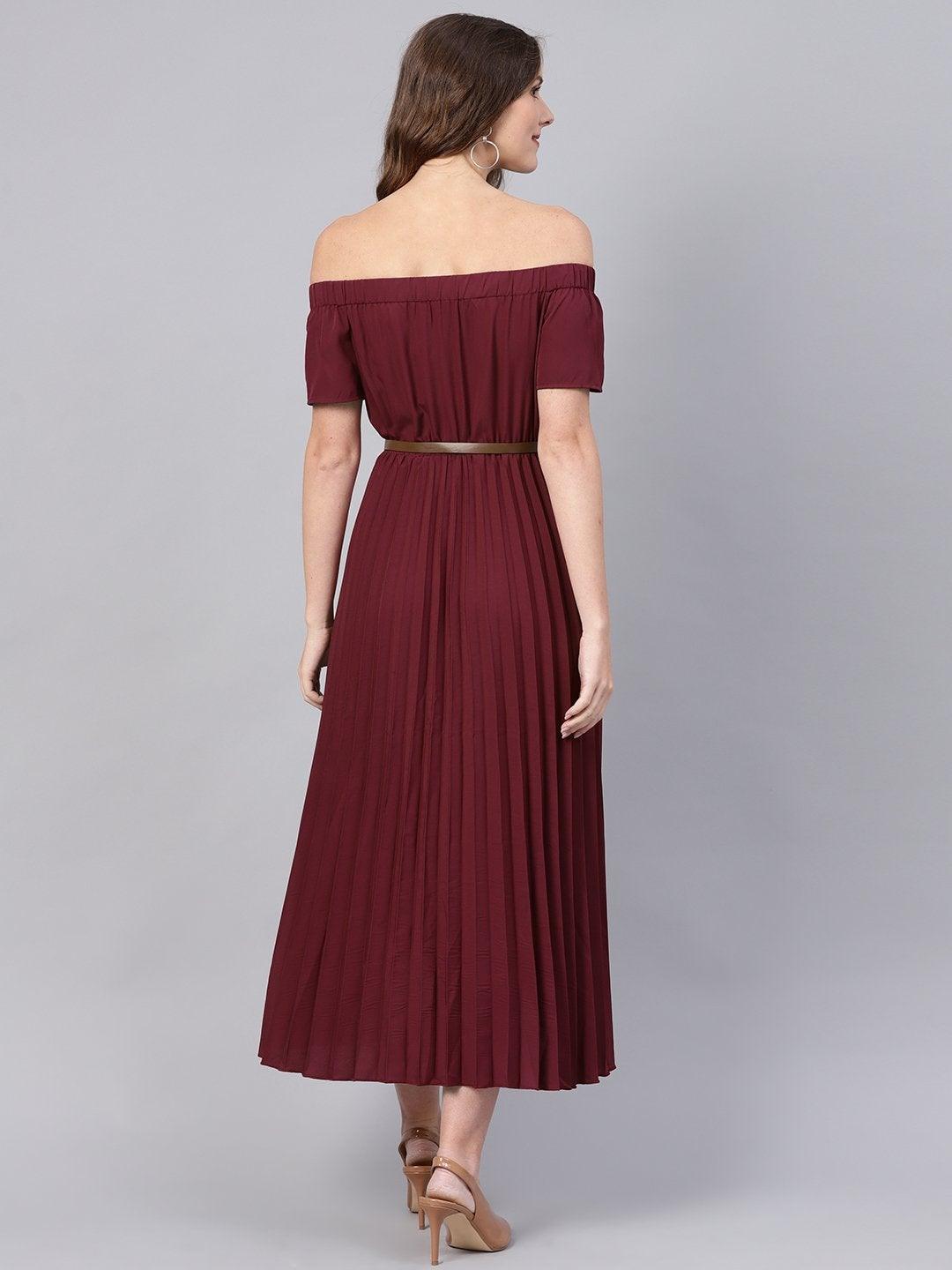 Women's Burgundy Off Shoulder High Low Belted Pleated Dress - SASSAFRAS - Indiakreations