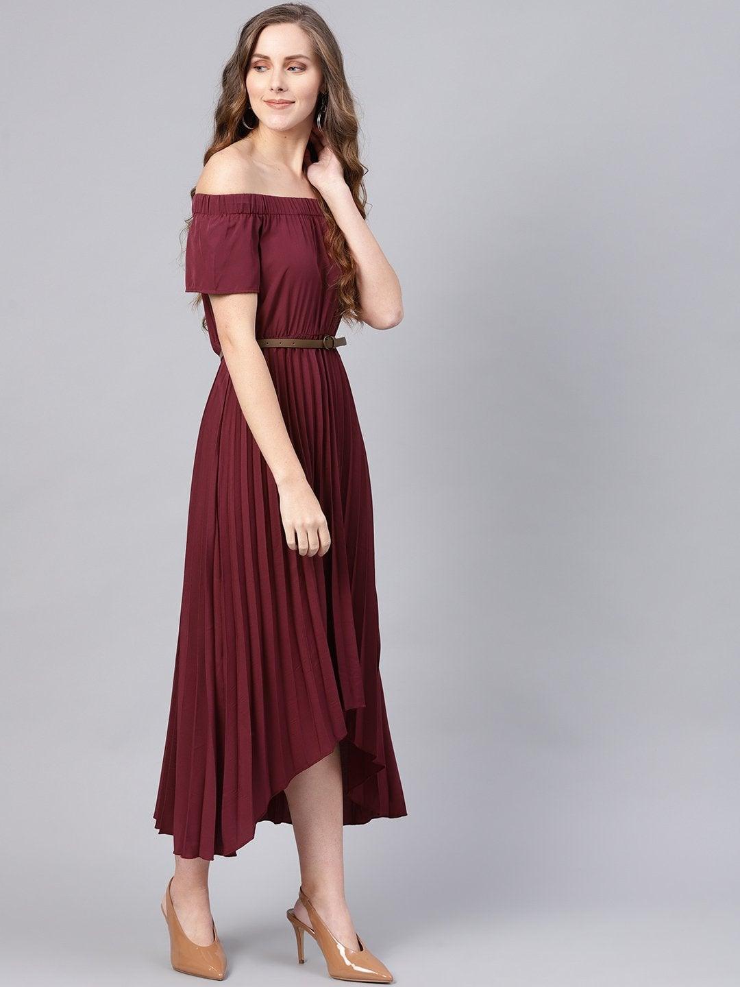 Women's Burgundy Off Shoulder High Low Belted Pleated Dress - SASSAFRAS - Indiakreations