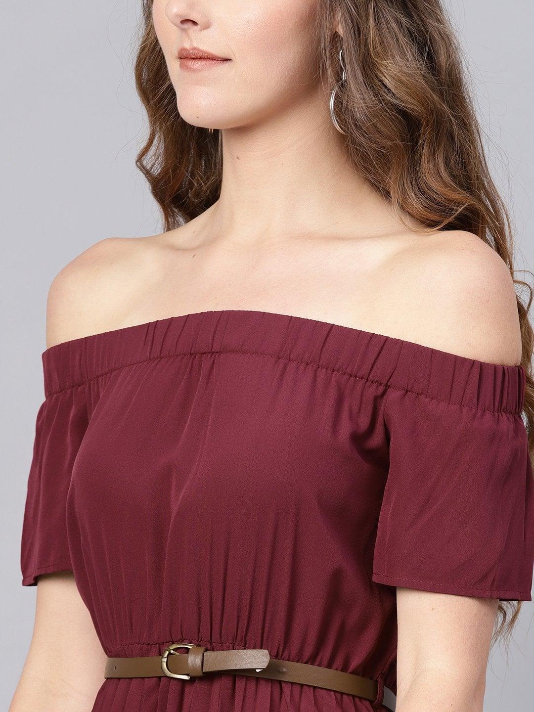 Women's Burgundy Off Shoulder High Low Belted Pleated Dress - SASSAFRAS - Indiakreations