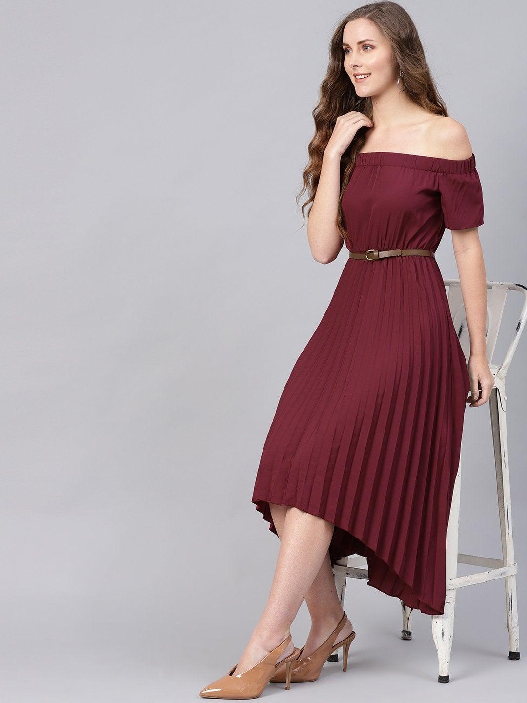 Women's Burgundy Off Shoulder High Low Belted Pleated Dress - SASSAFRAS - Indiakreations