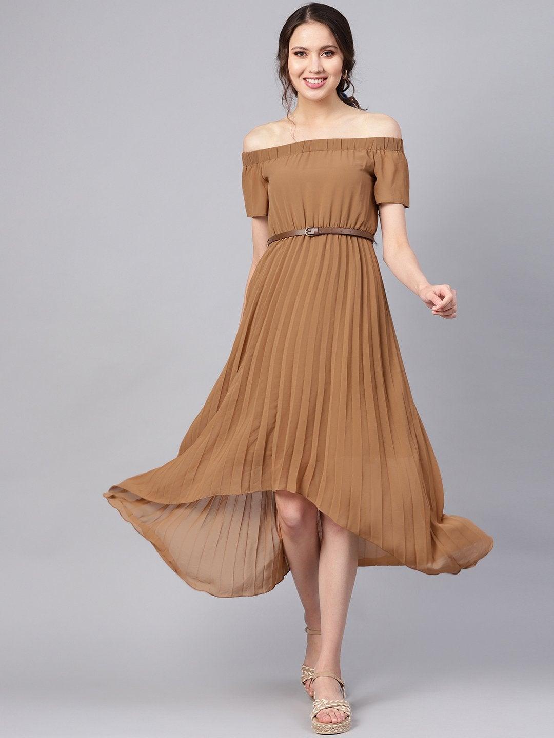 Women's Brown Off Shoulder High Low Belted Pleated Dress - SASSAFRAS - Indiakreations