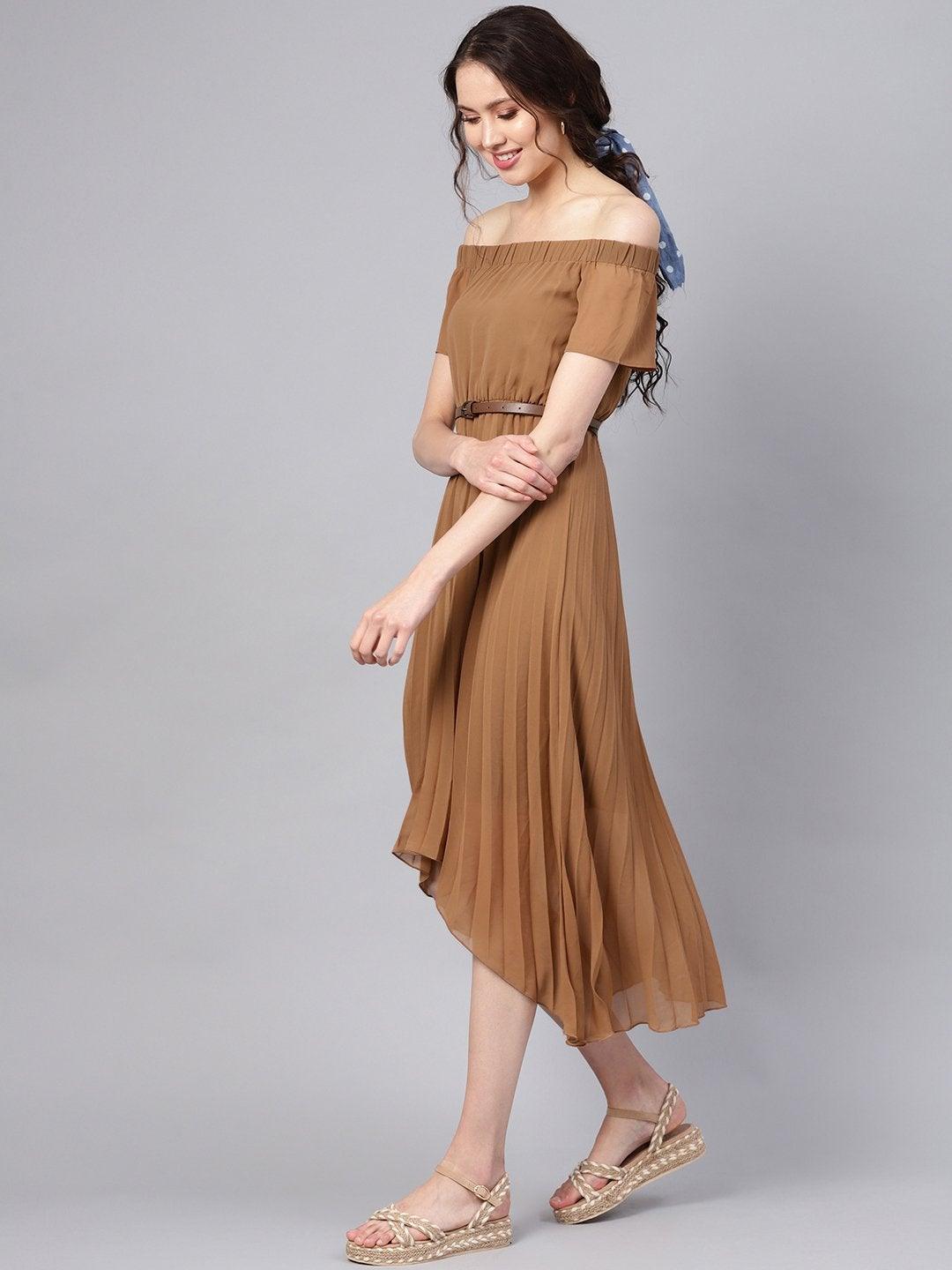 Women's Brown Off Shoulder High Low Belted Pleated Dress - SASSAFRAS - Indiakreations