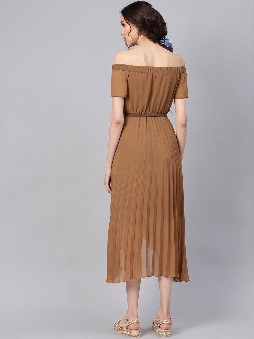 Women's Brown Off Shoulder High Low Belted Pleated Dress - SASSAFRAS - Indiakreations