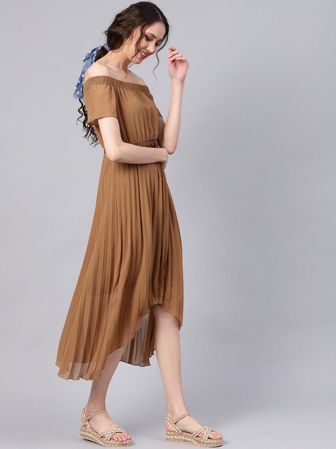 Women's Brown Off Shoulder High Low Belted Pleated Dress - SASSAFRAS - Indiakreations