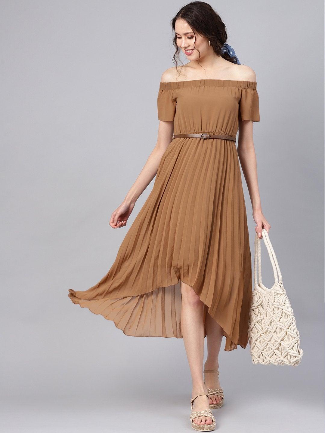 Women's Brown Off Shoulder High Low Belted Pleated Dress - SASSAFRAS - Indiakreations