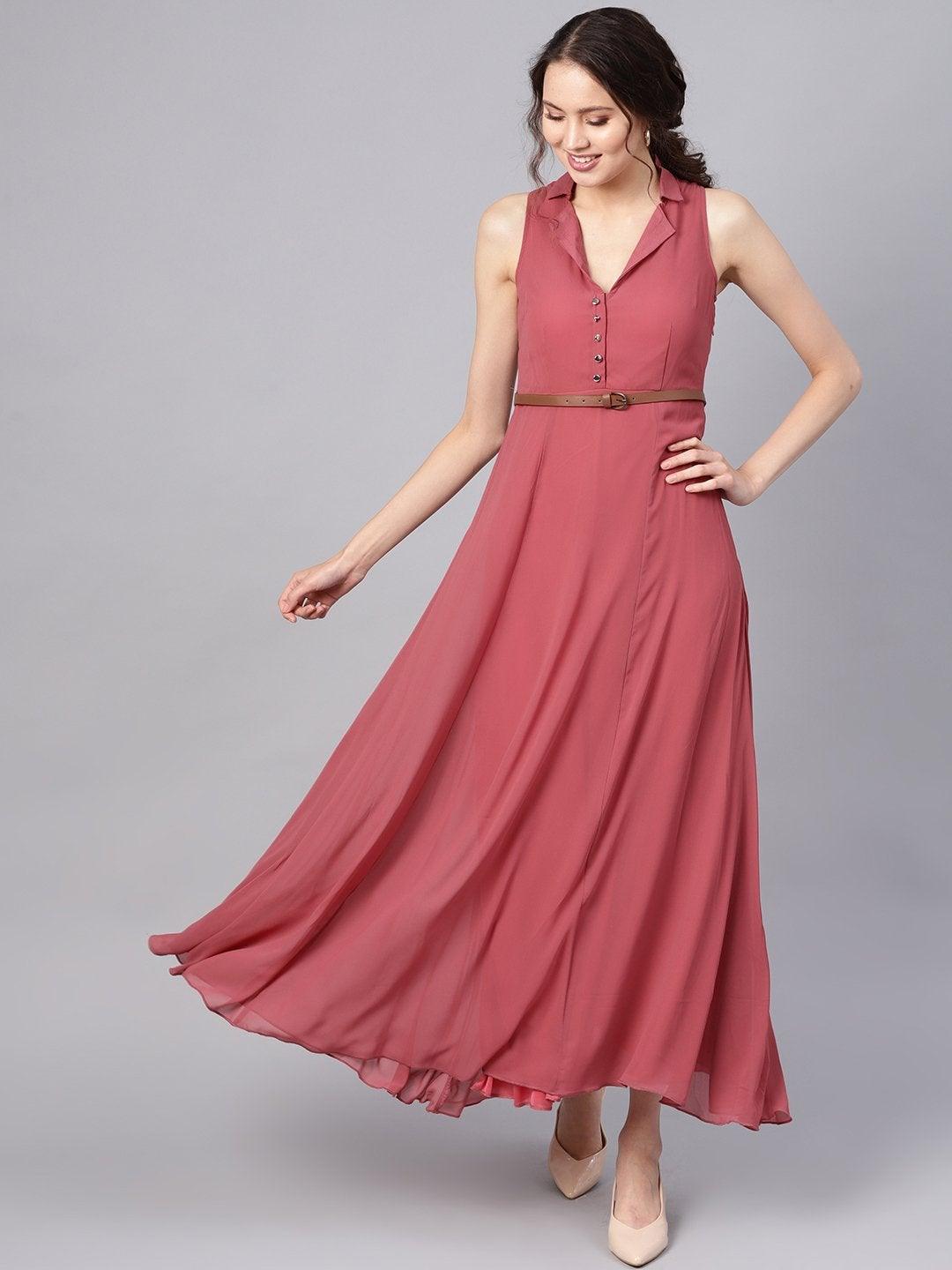 Women's Rose Pink Notched Collar Belted Maxi - SASSAFRAS - Indiakreations