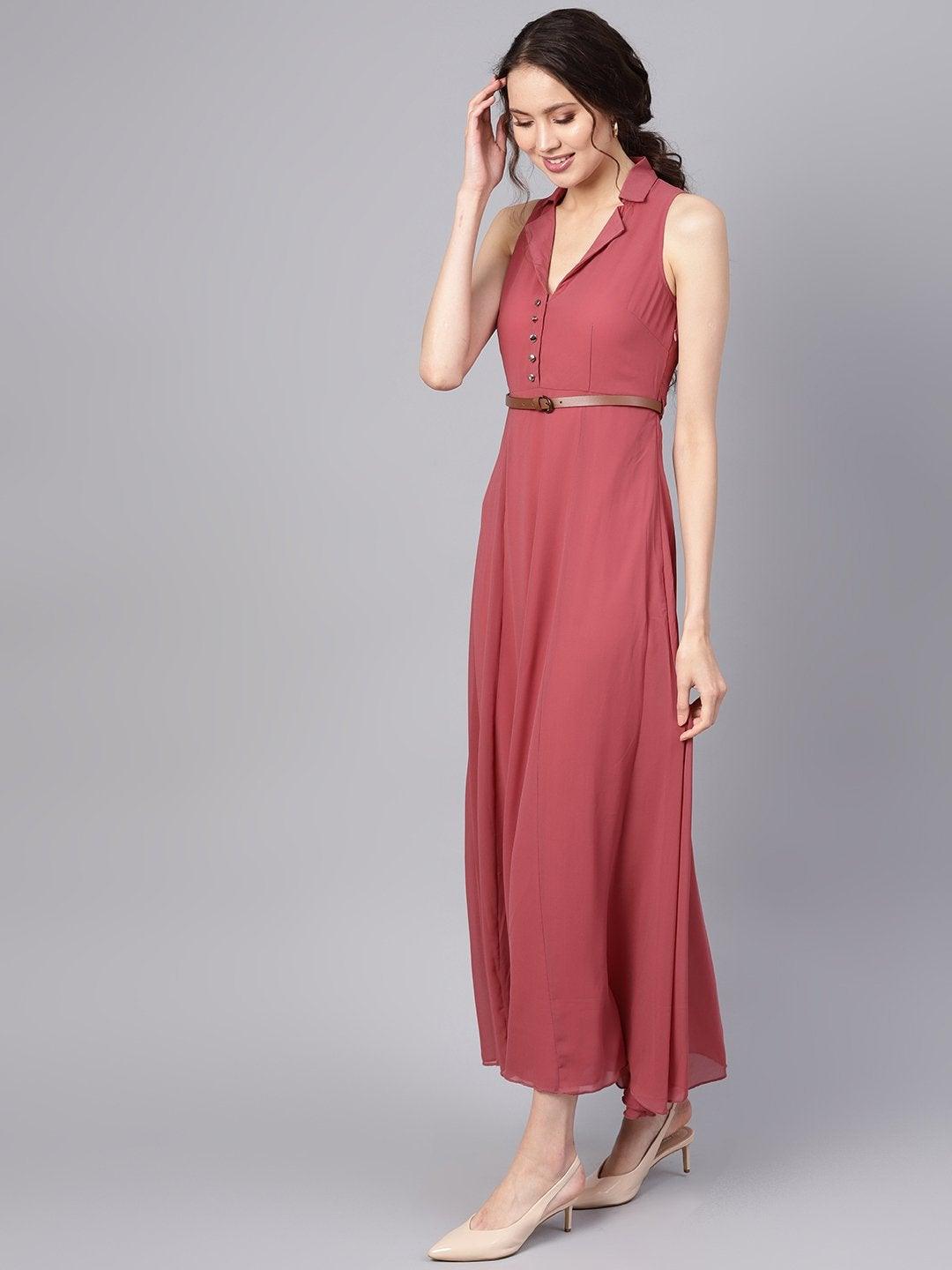 Women's Rose Pink Notched Collar Belted Maxi - SASSAFRAS - Indiakreations