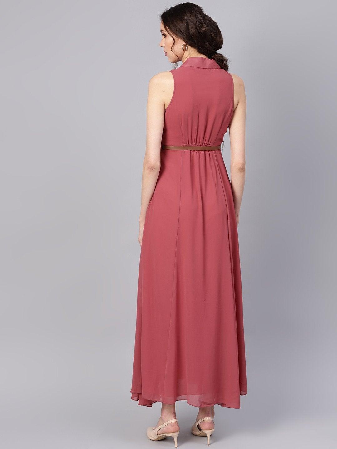 Women's Rose Pink Notched Collar Belted Maxi - SASSAFRAS - Indiakreations