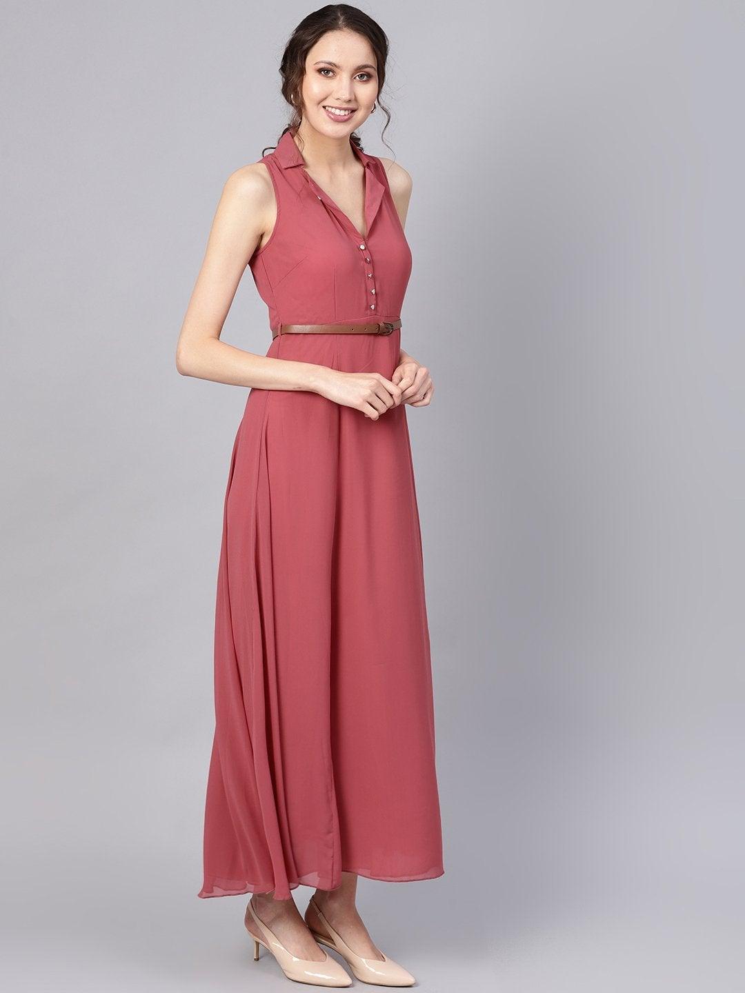 Women's Rose Pink Notched Collar Belted Maxi - SASSAFRAS - Indiakreations