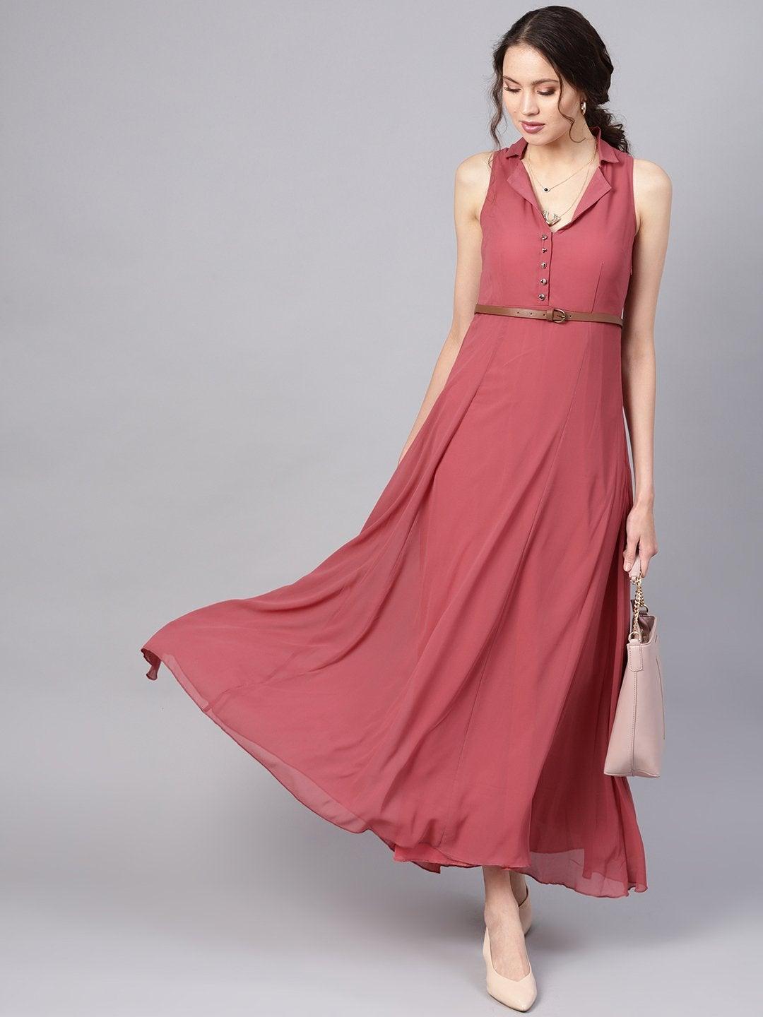 Women's Rose Pink Notched Collar Belted Maxi - SASSAFRAS - Indiakreations